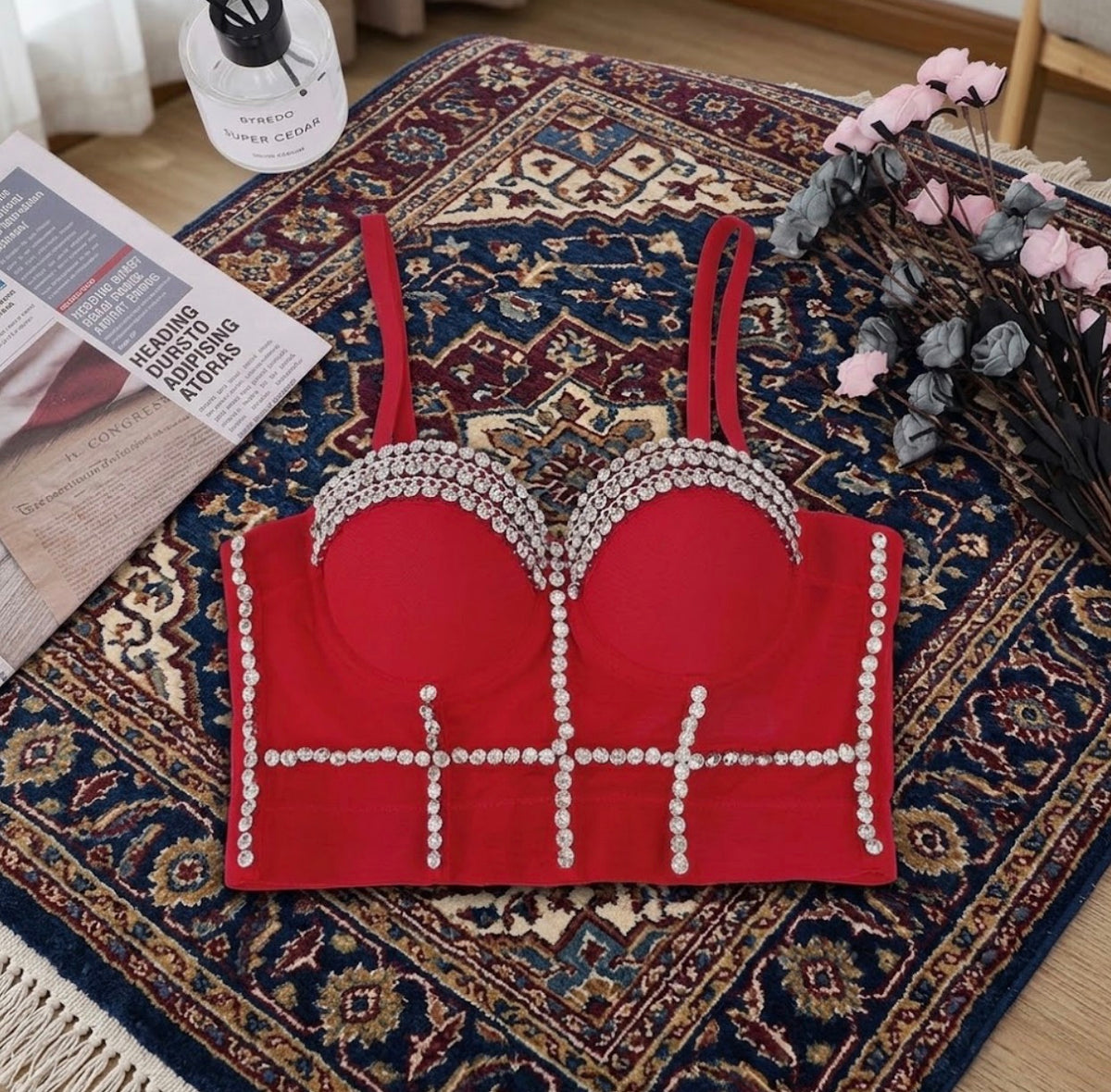 Stunning 🤩 red corset top stoned out 🔥🚨 small with adjustable back