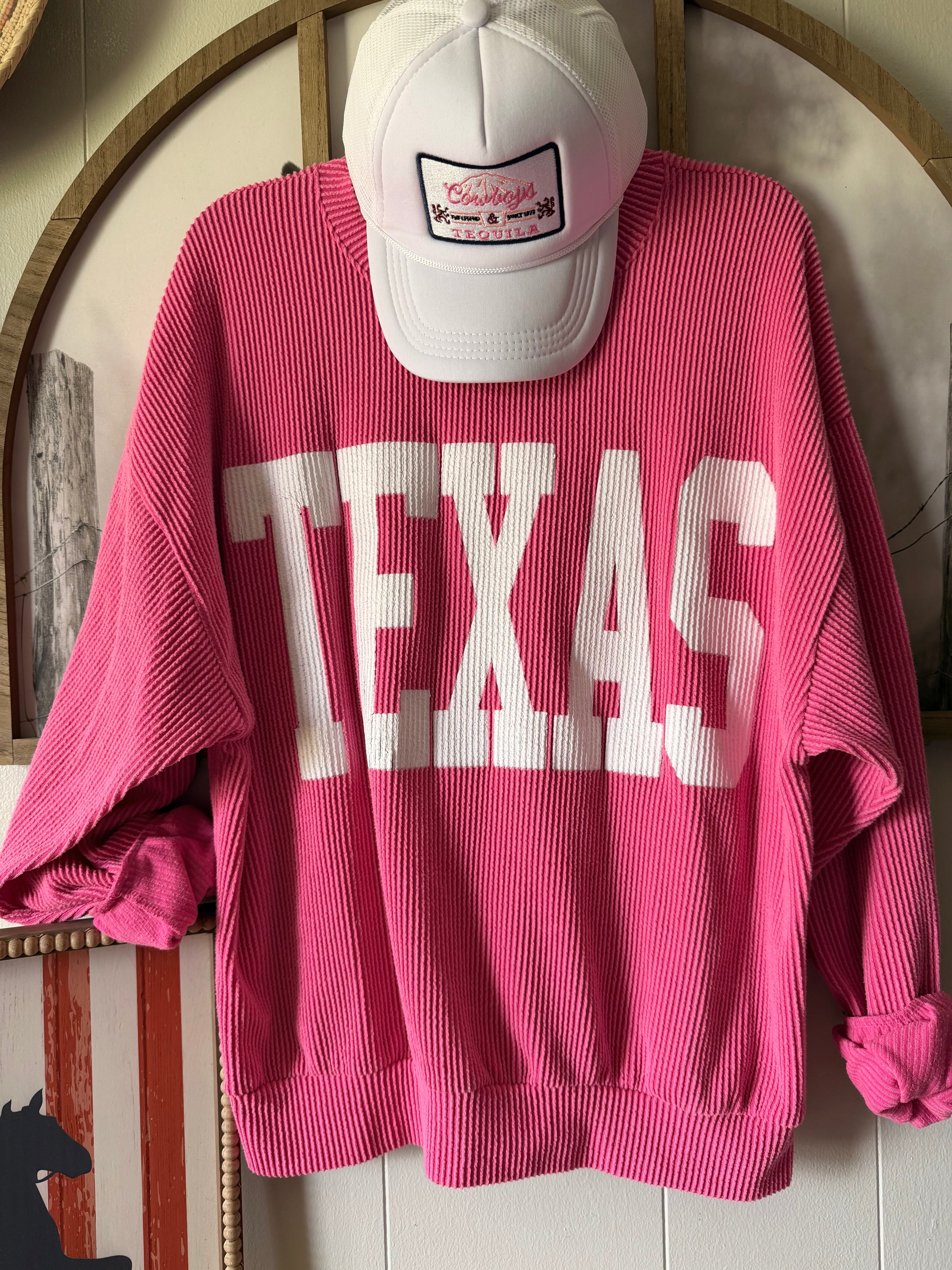 Pink ribbed Texas crew