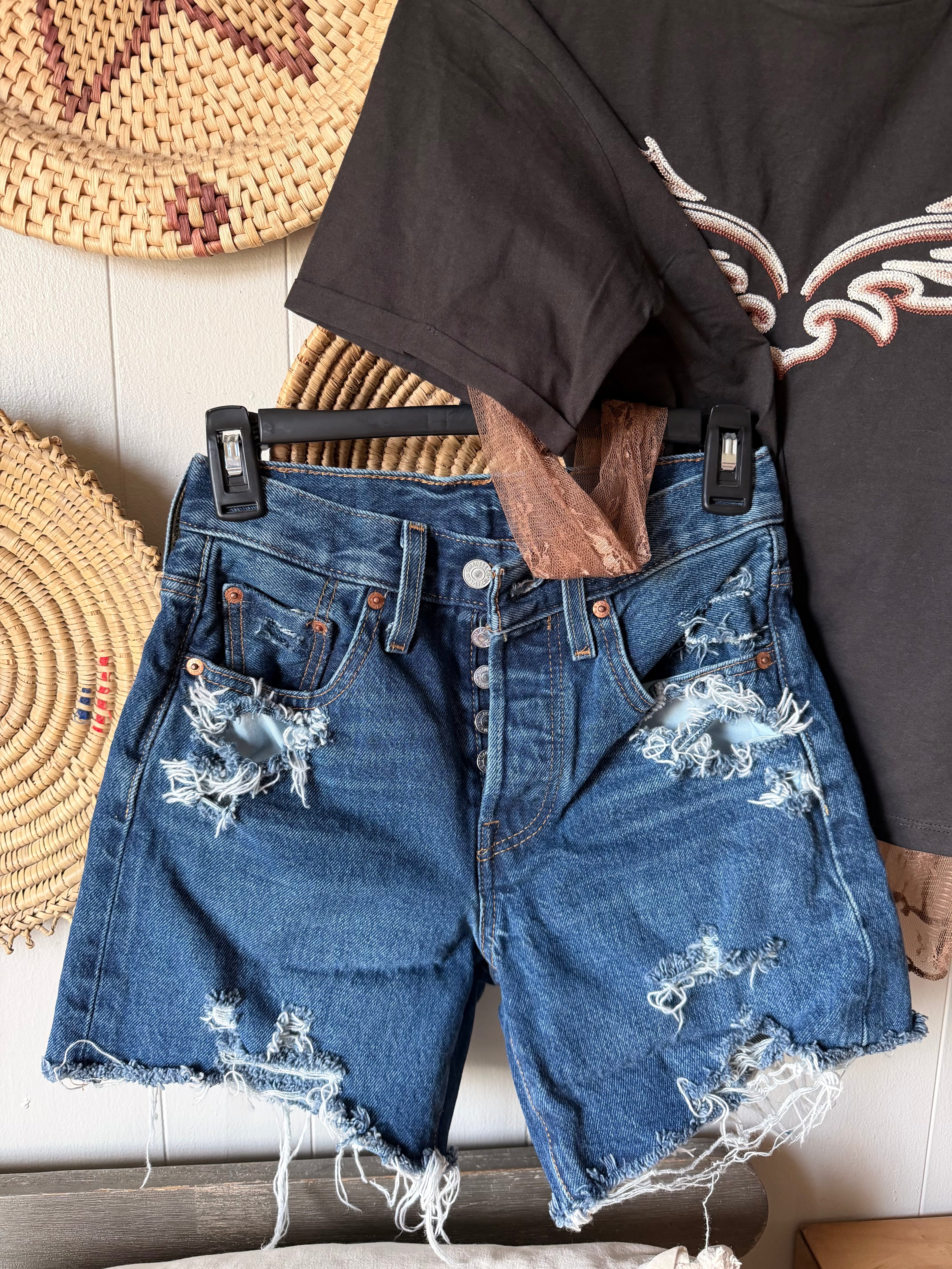 Custom distressed Levi’s dad shorts