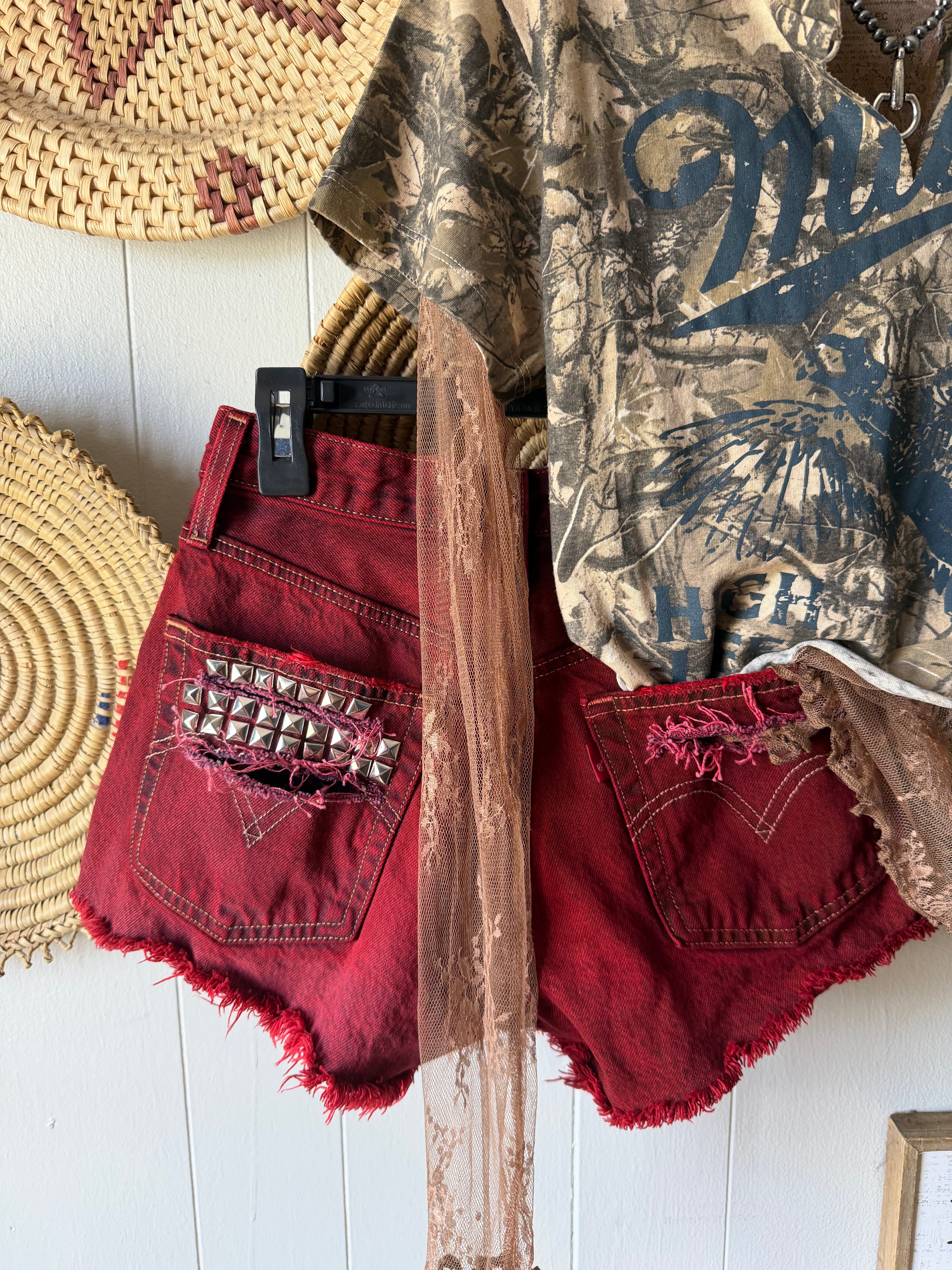 Ultra studded 🔥 red Americana distressed  Levi’s