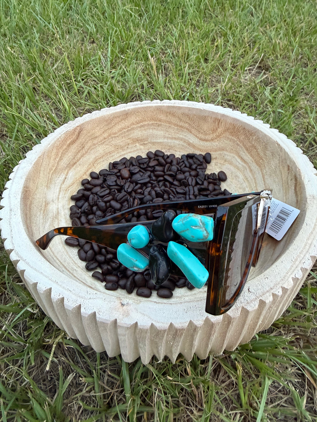 Custom hand made faux turquoise stoned gladiator sunnies 🫶🏻🔥