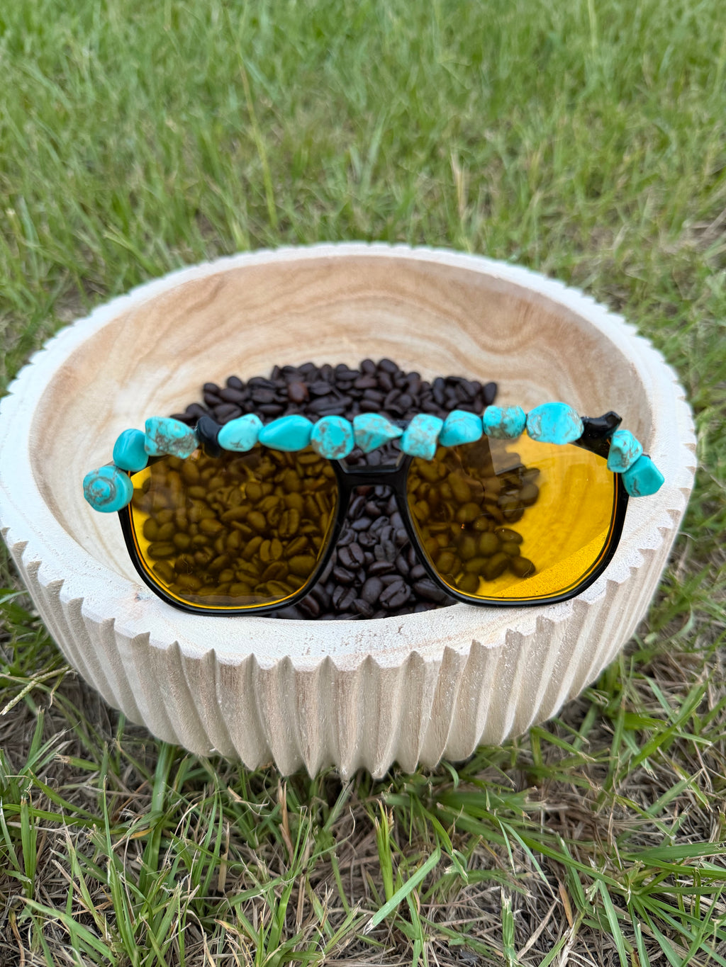 Custom hand made faux turquoise stoned gladiator sunnies 🫶🏻🔥
