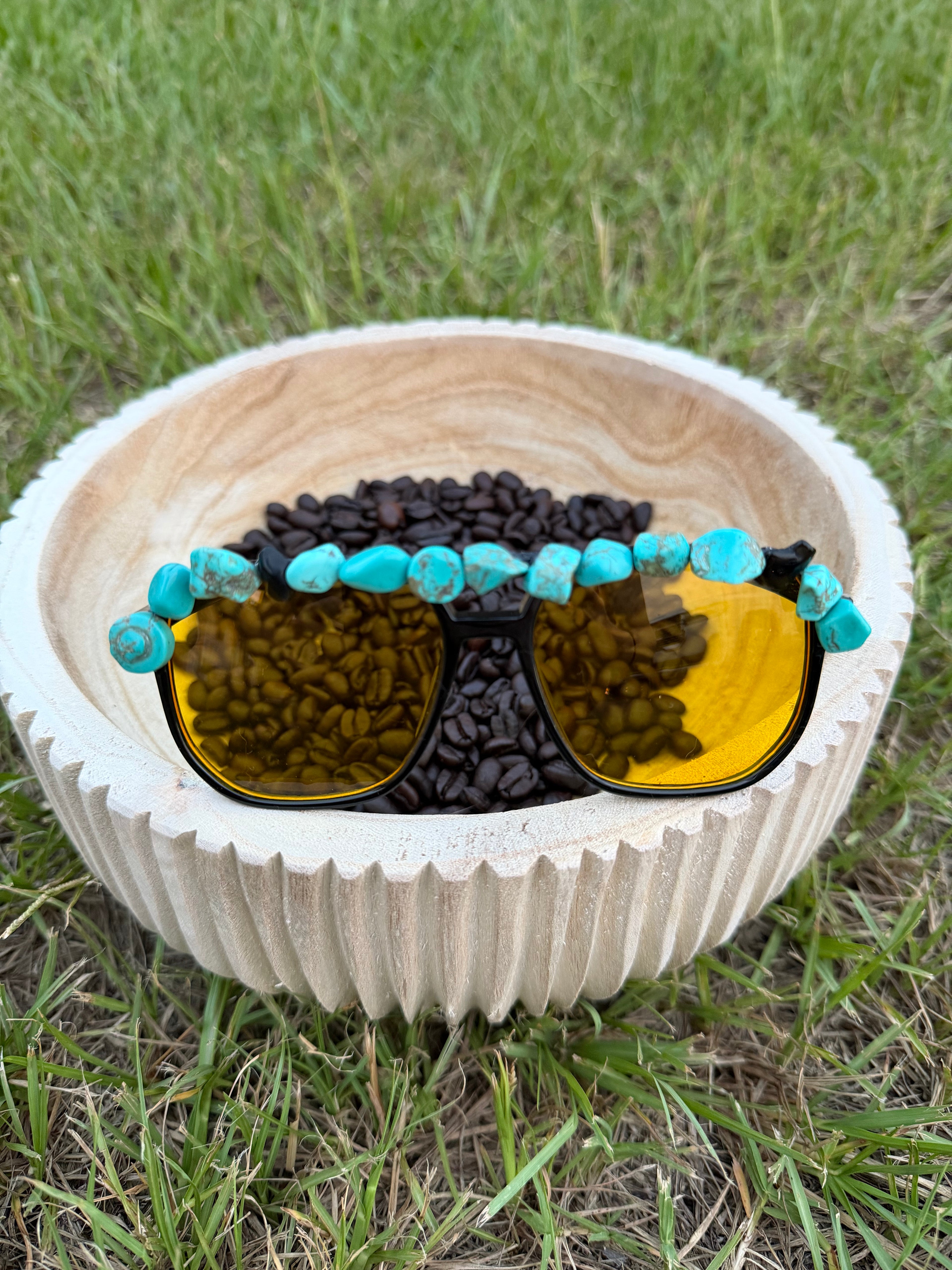 Custom hand made faux turquoise stoned gladiator sunnies 🫶🏻🔥