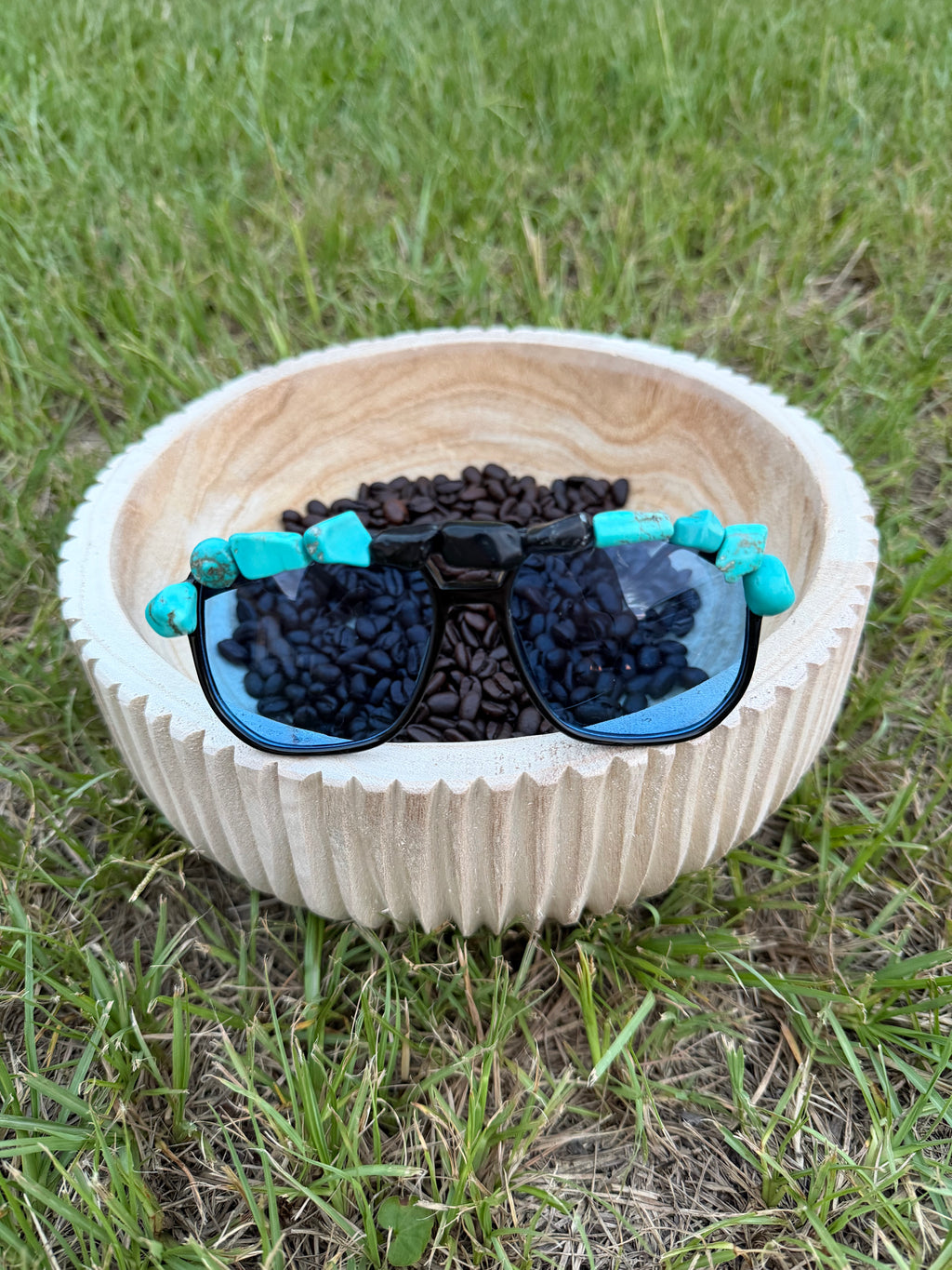 Custom hand made faux turquoise stoned gladiator sunnies 🫶🏻🔥