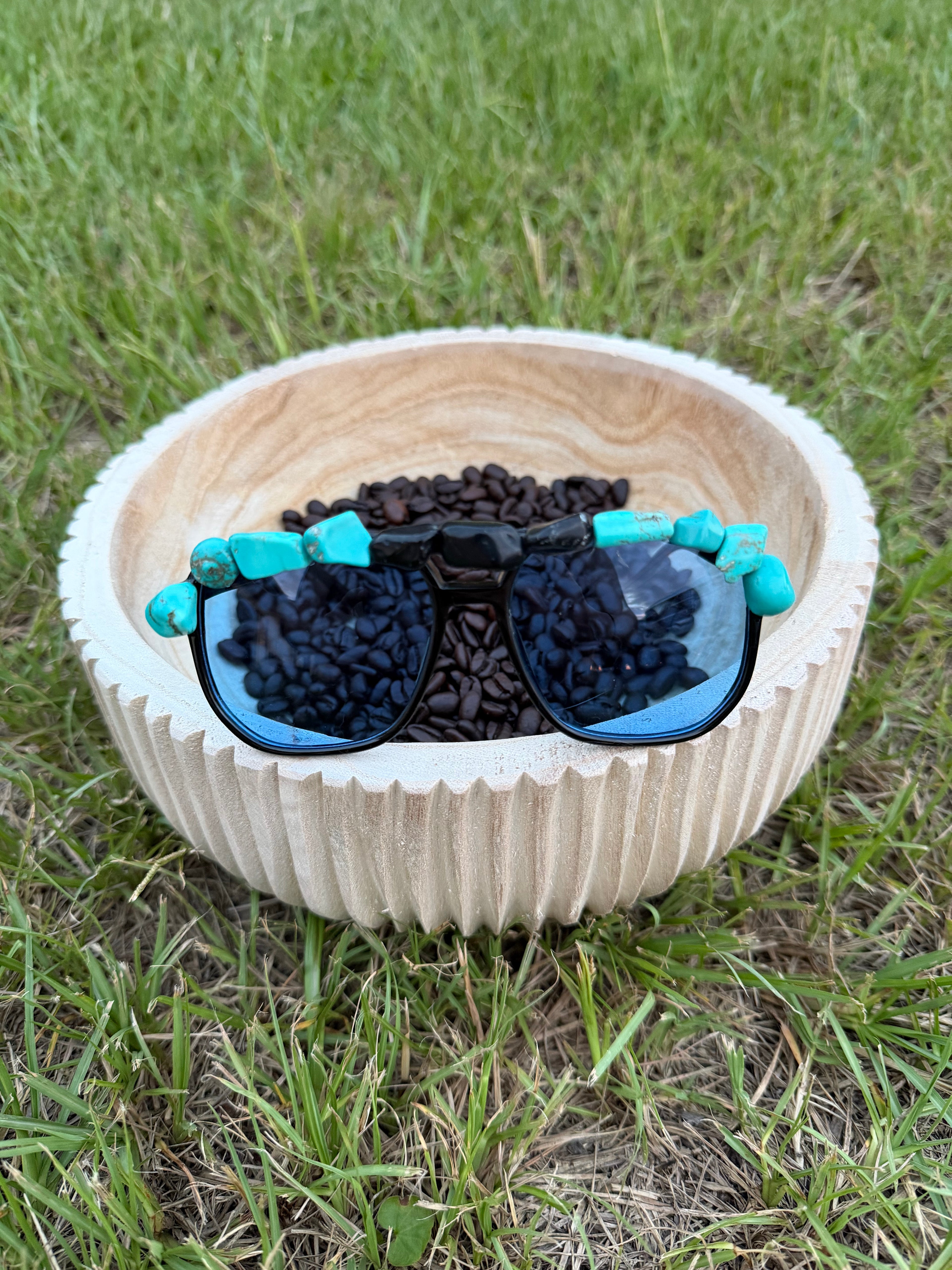 Custom hand made faux turquoise stoned gladiator sunnies 🫶🏻🔥