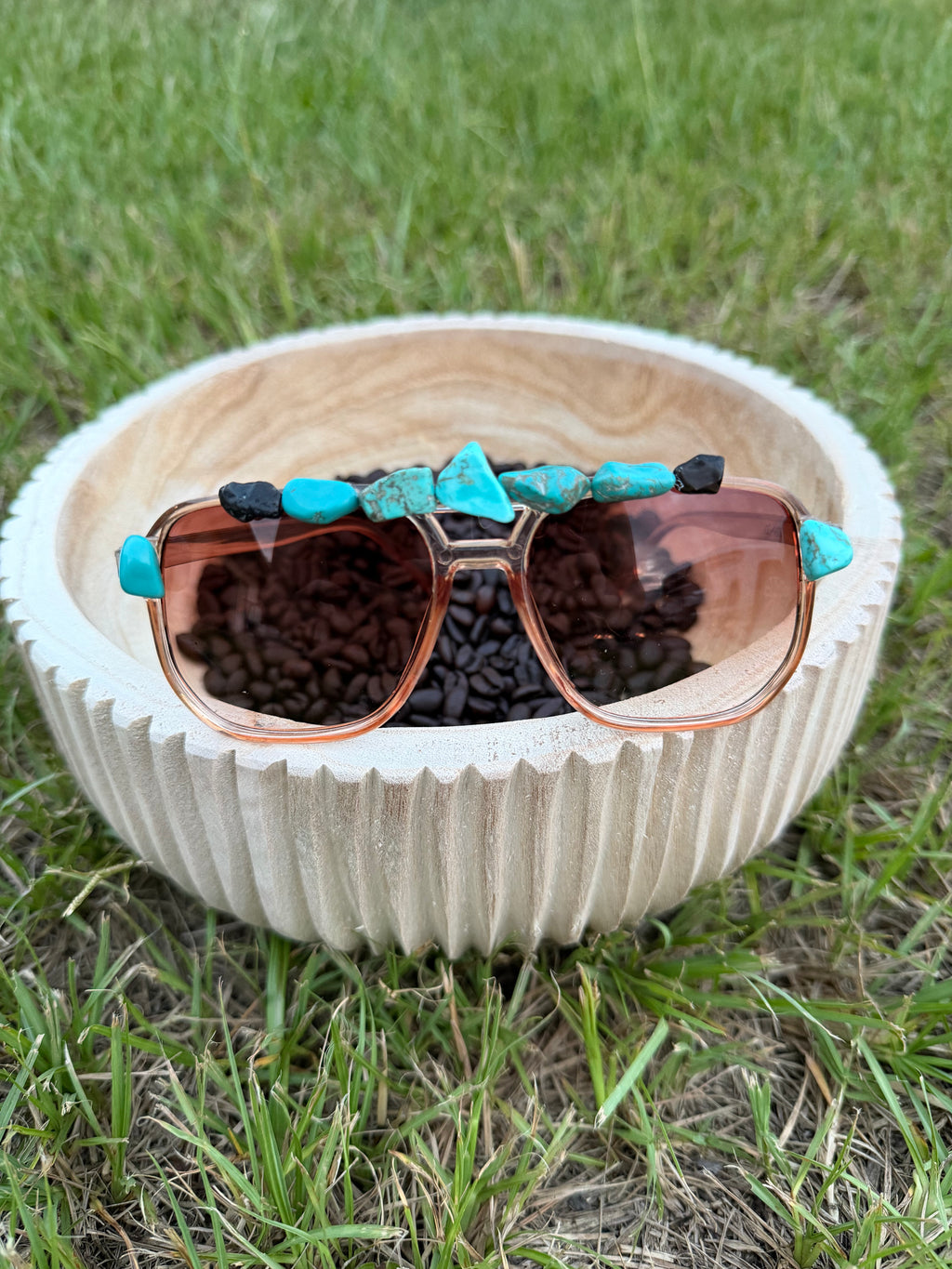 Custom hand made faux turquoise stoned gladiator sunnies 🫶🏻🔥