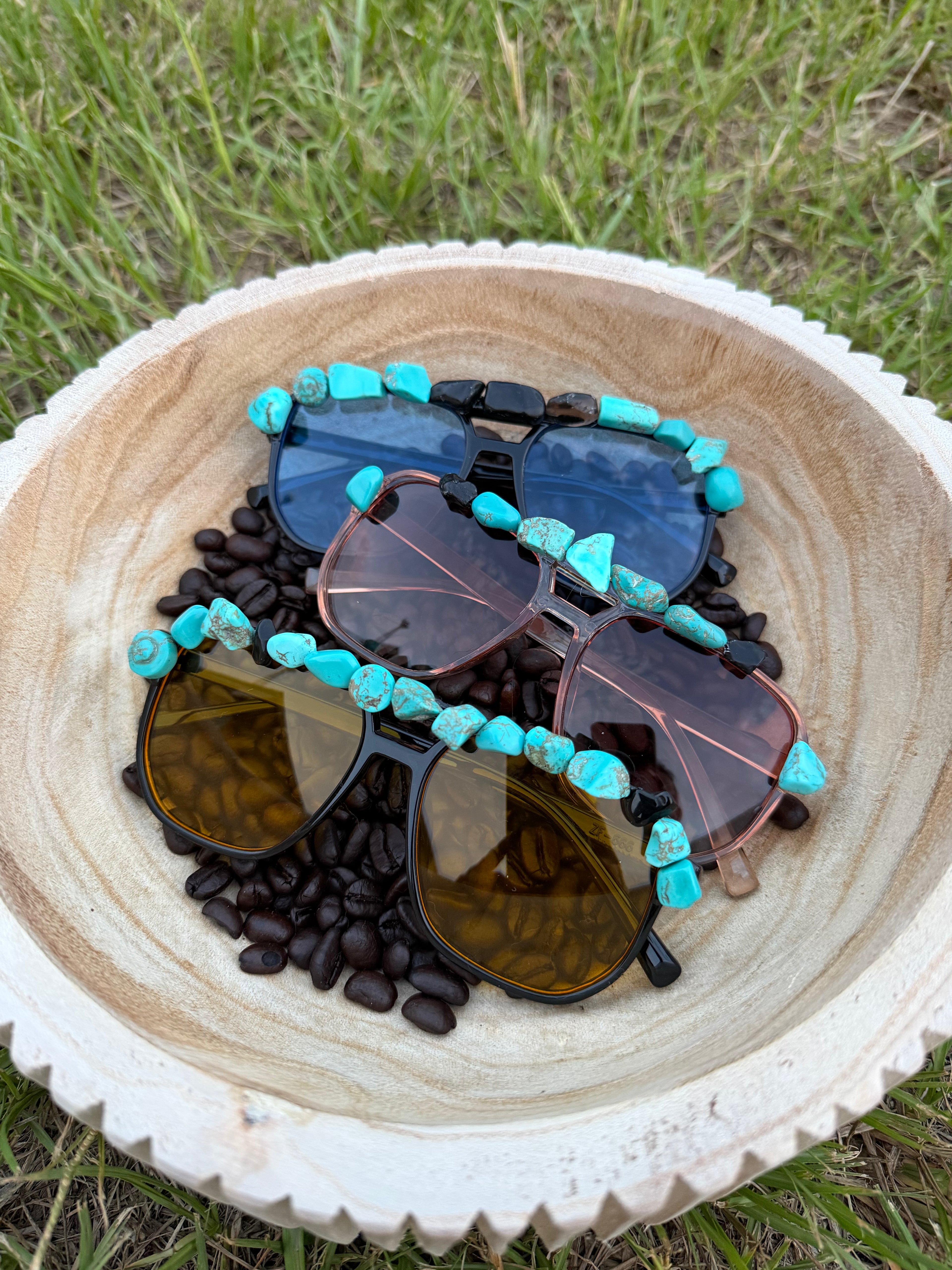 Custom hand made faux turquoise stoned gladiator sunnies 🫶🏻🔥