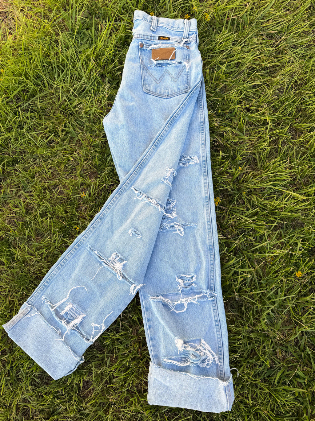 Ultra distressed custom light wash Wranglers 🔥🔥🔥