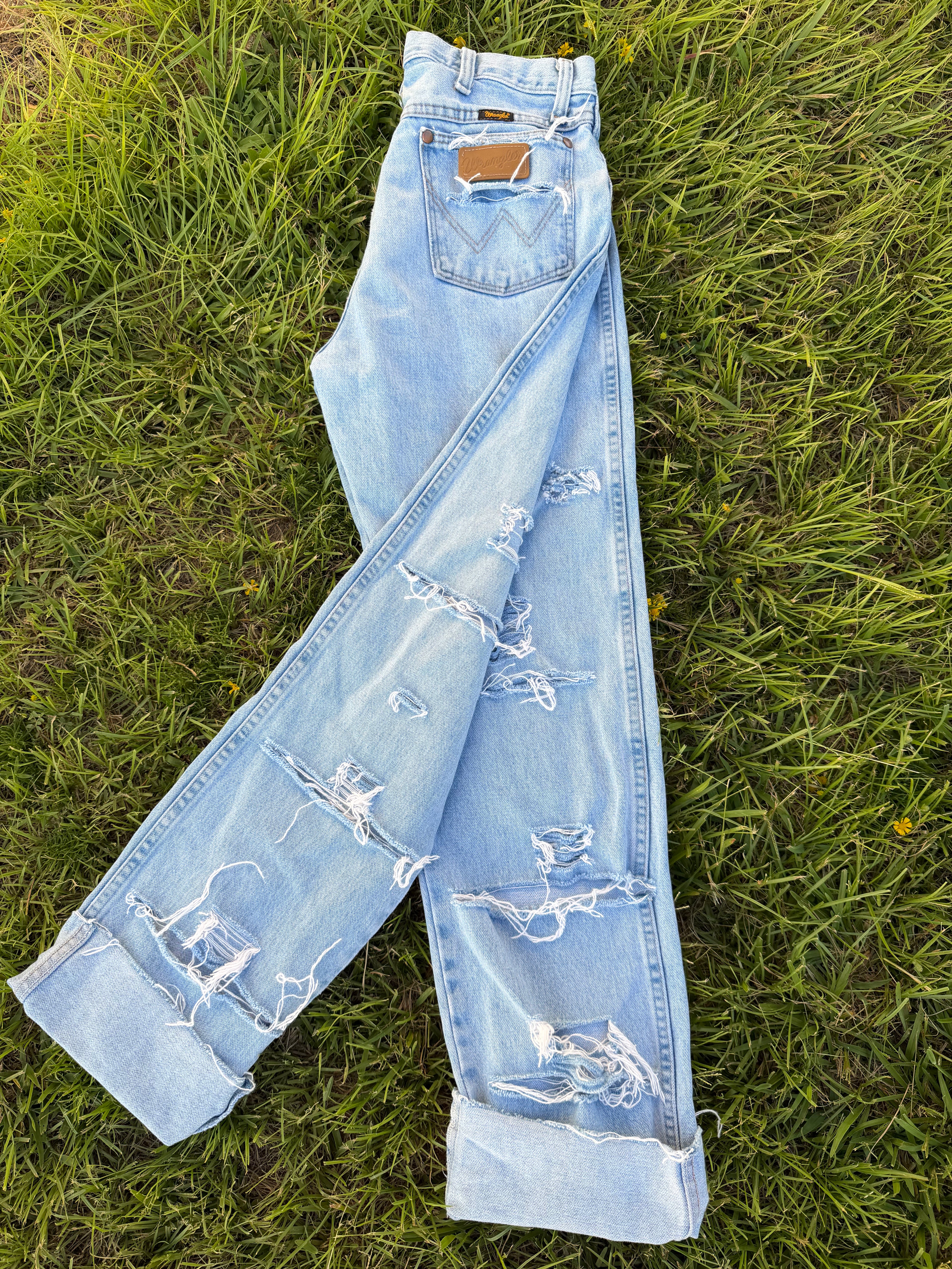 Ultra distressed custom light wash Wranglers 🔥🔥🔥