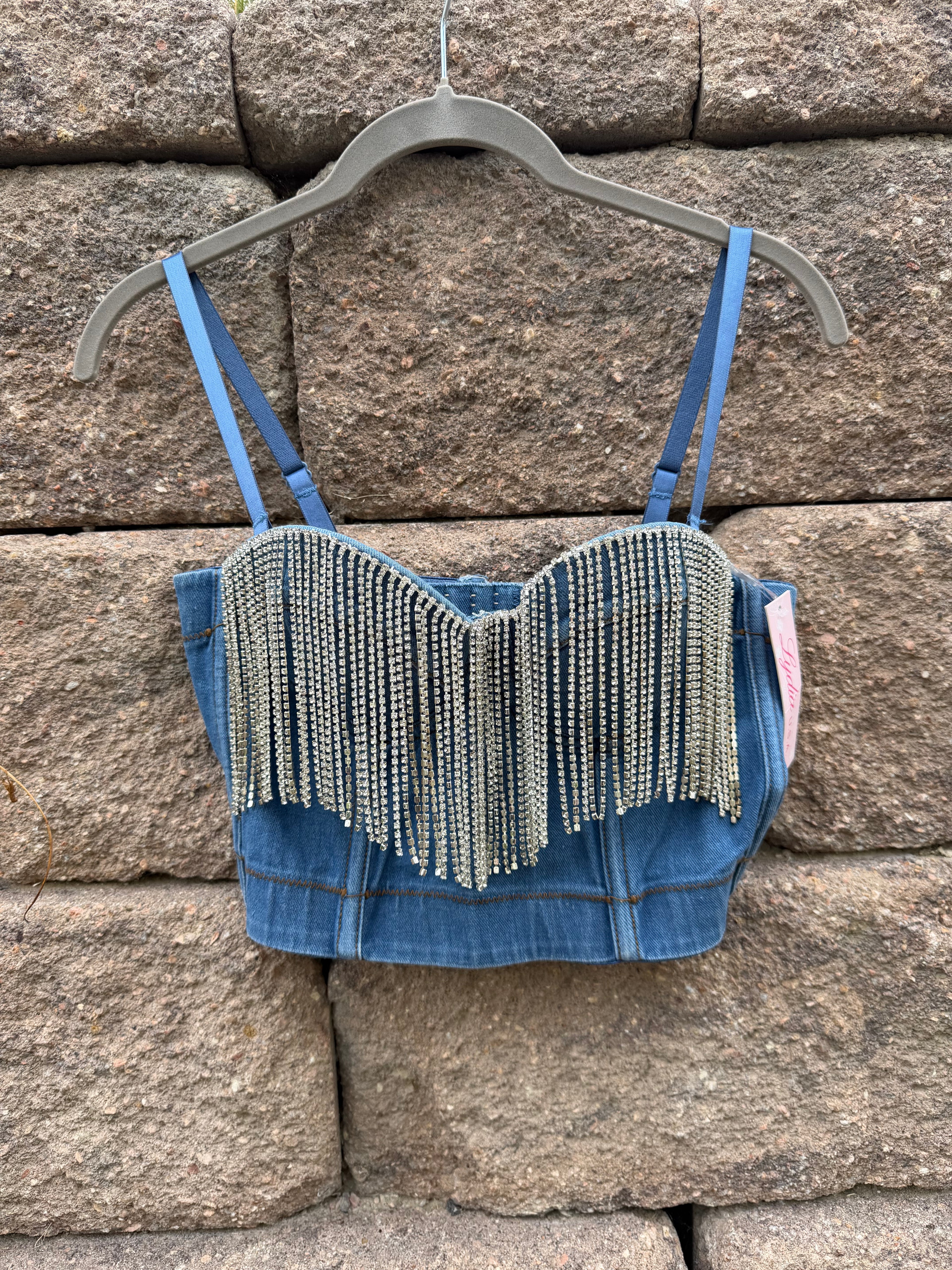 Rhinestone denim corset top 🔥 small