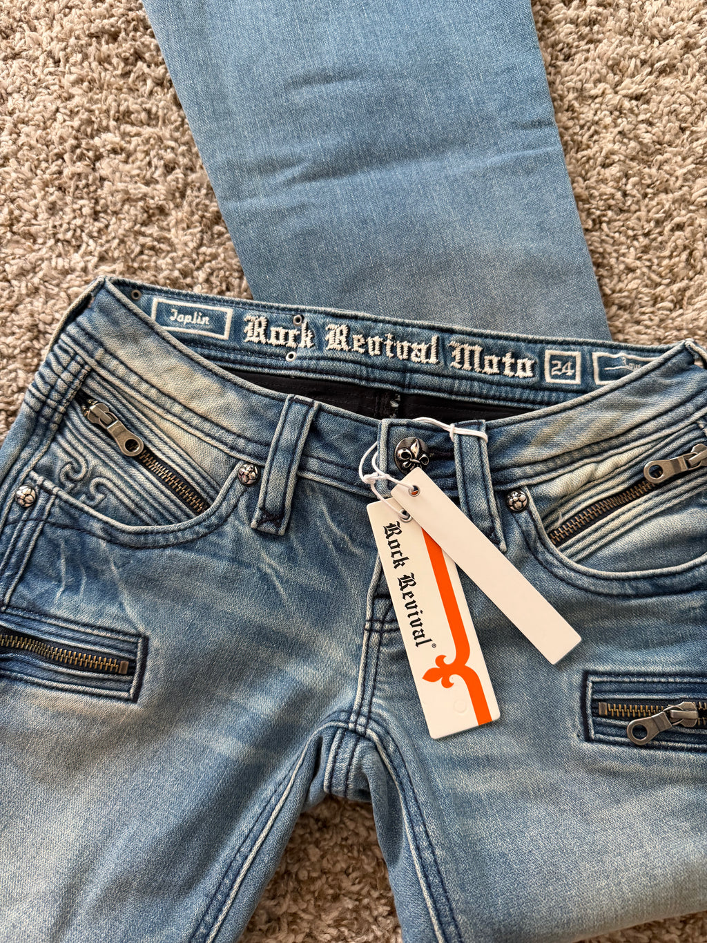 Y2K low rise 🔥 Rock Revival Joplin Super Low-Rise Flare in Denim raw hem size 24